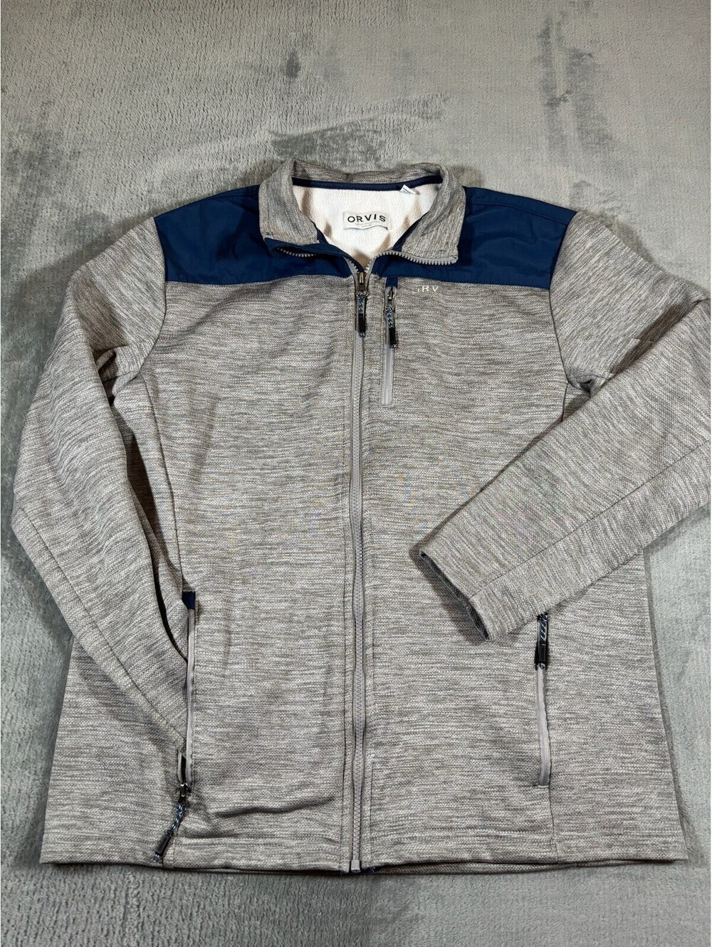 Orvis Mens Medium Blue Gray Full Zip Hybrid Jacket Lightweight Pockets Casual